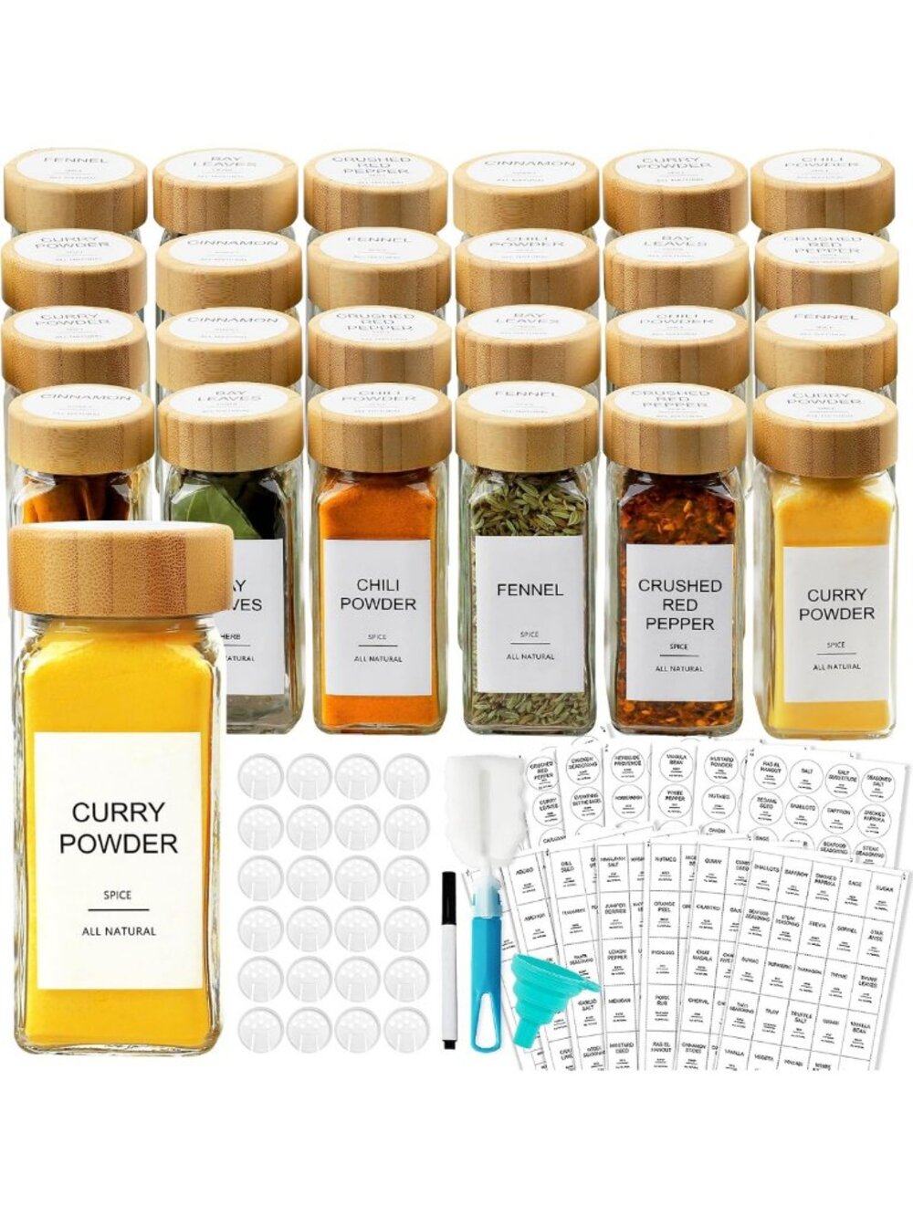 24 Pcs Glass Spice Jars with Bamboo Lids & 398 Labels - Square Spice Containers
